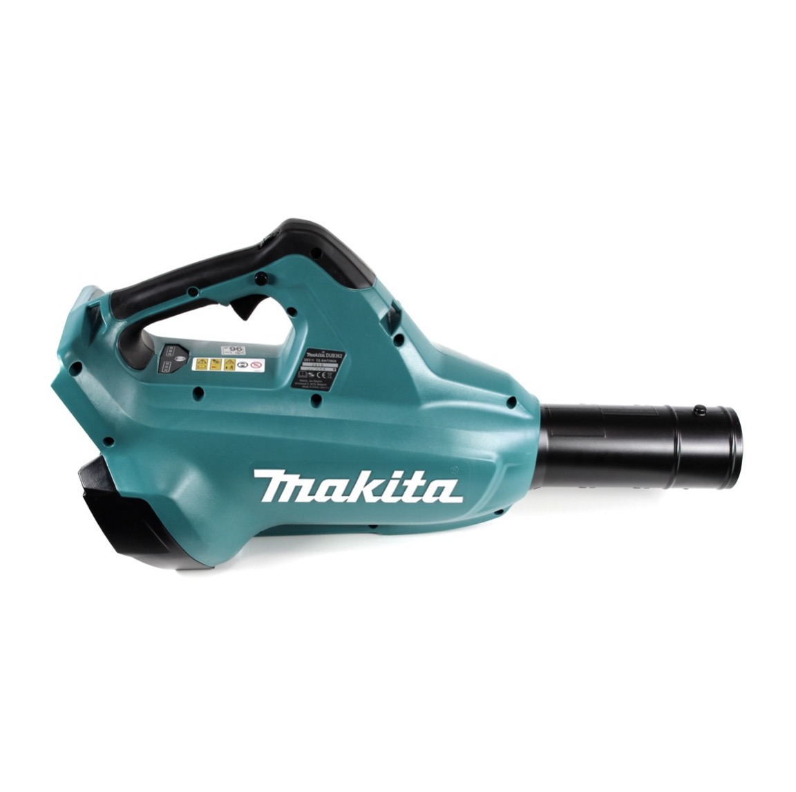 Ein türkisfarbener Makita-Laubbläser auf weißem Hintergrund. Der Bläser hat einen schwarzen Griff und eine Düse, das Makita-Logo ist sichtbar.