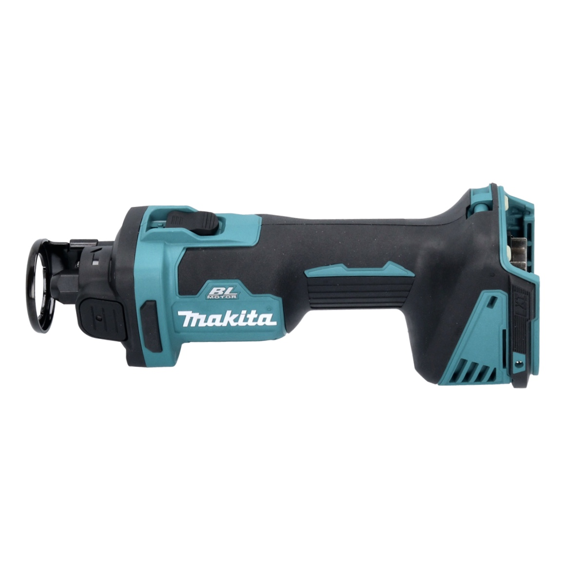 Eine kabellose Makita-Säbelsäge in Schwarz und Türkis. Die Säge befindet sich auf weißem Hintergrund. Das Makita-Logo ist sichtbar.