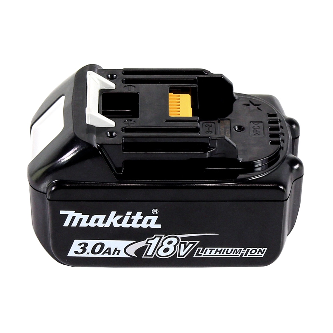 Schwarzer Makita 18V Li-Ionen-Akku. Er hat ein weißes Logo und Text auf der Vorderseite. Ein weißes und schwarzes Kunststoffoberteil ist ebenfalls sichtbar.