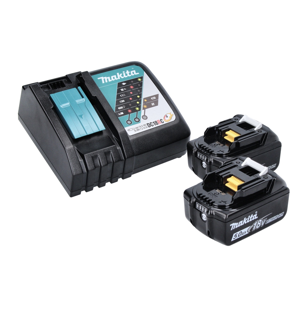 Makita-Ladegerät mit zwei Batterien. Schwarzes Ladegerät und Batterien. Das Ladegerät hat einen grünen Abschnitt und Kontrollleuchten.