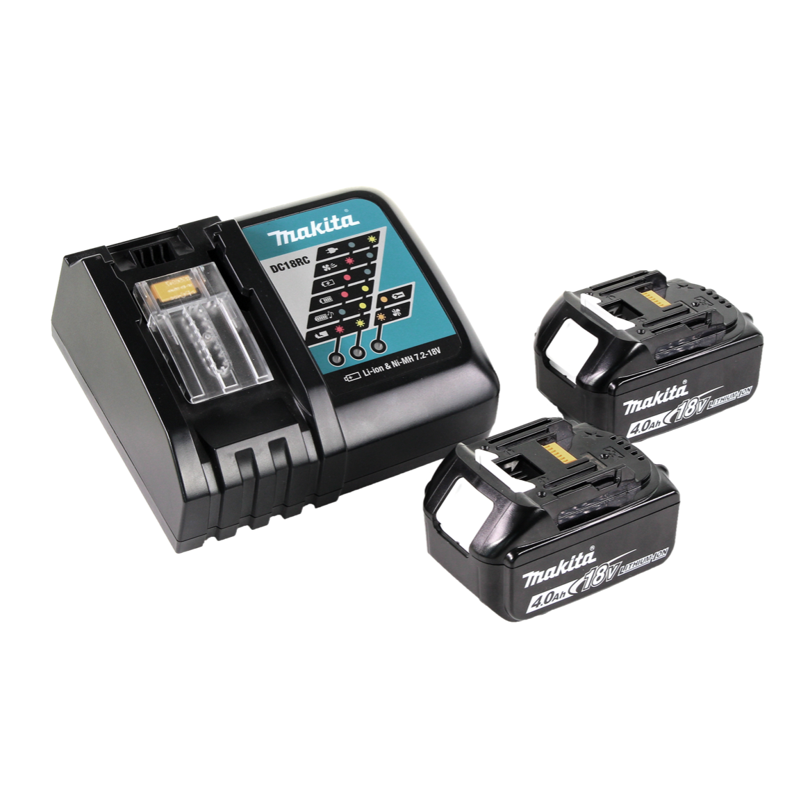 Makita-Batterieladegerät mit zwei Batterien. Das Ladegerät ist schwarz und blaugrün, die Batterien sind schwarz mit weißen Etiketten.