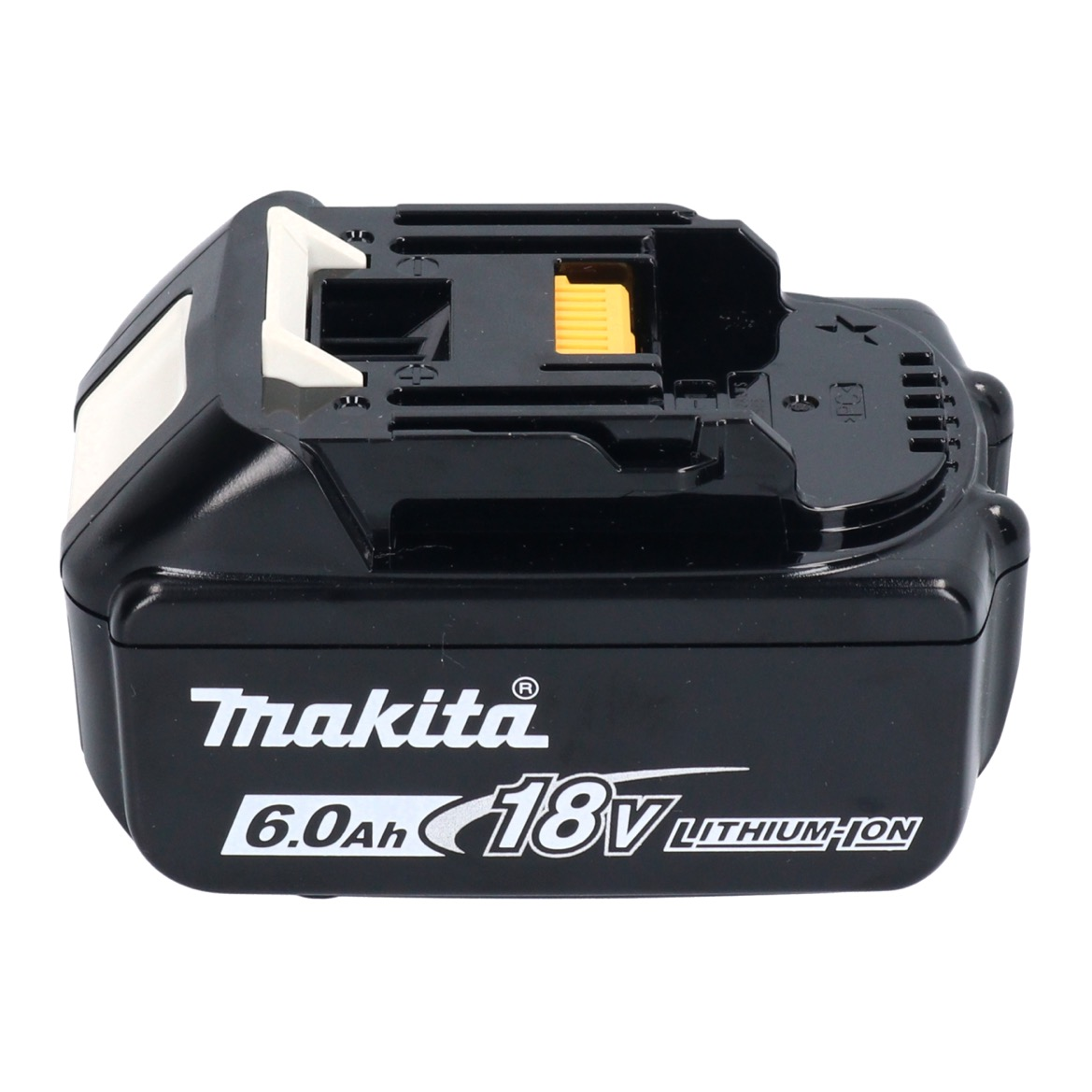 Ein schwarzer Makita 18V Lithium-Ionen-Akku. Er hat weiße und gelbe Akzente. Das Makita-Logo und die Spezifikationen sind sichtbar.