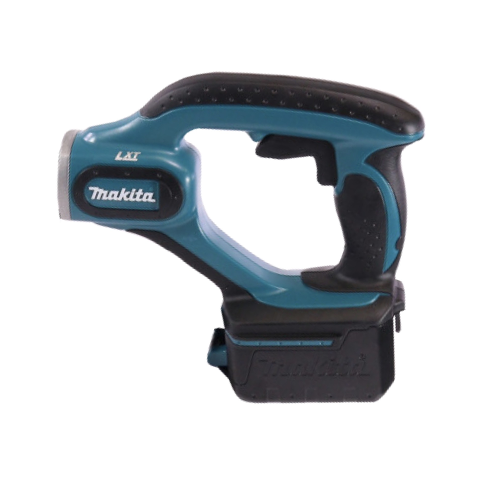 Eine türkis-schwarze Makita-Taschenlampe. Sie hat einen Griff, ein Licht und eine Batteriebasis. Der Markenname ist sichtbar.