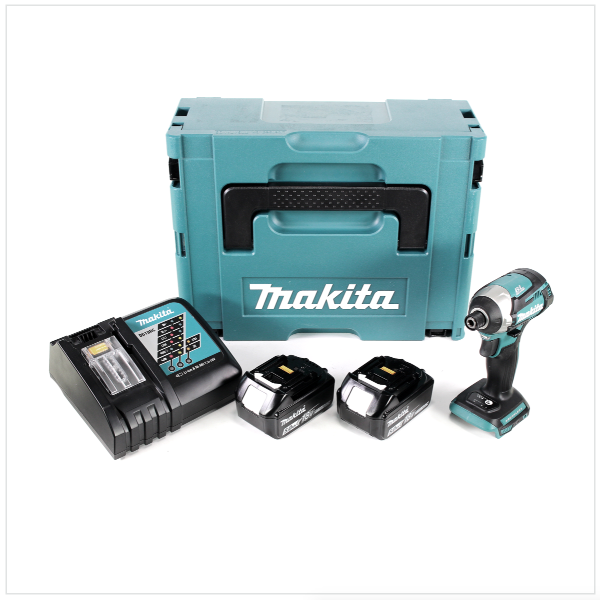 Makita-Werkzeugsatz auf Weiß. Enthält eine türkisblaue Box, ein Ladegerät, zwei Batterien und einen Schlagschrauber.