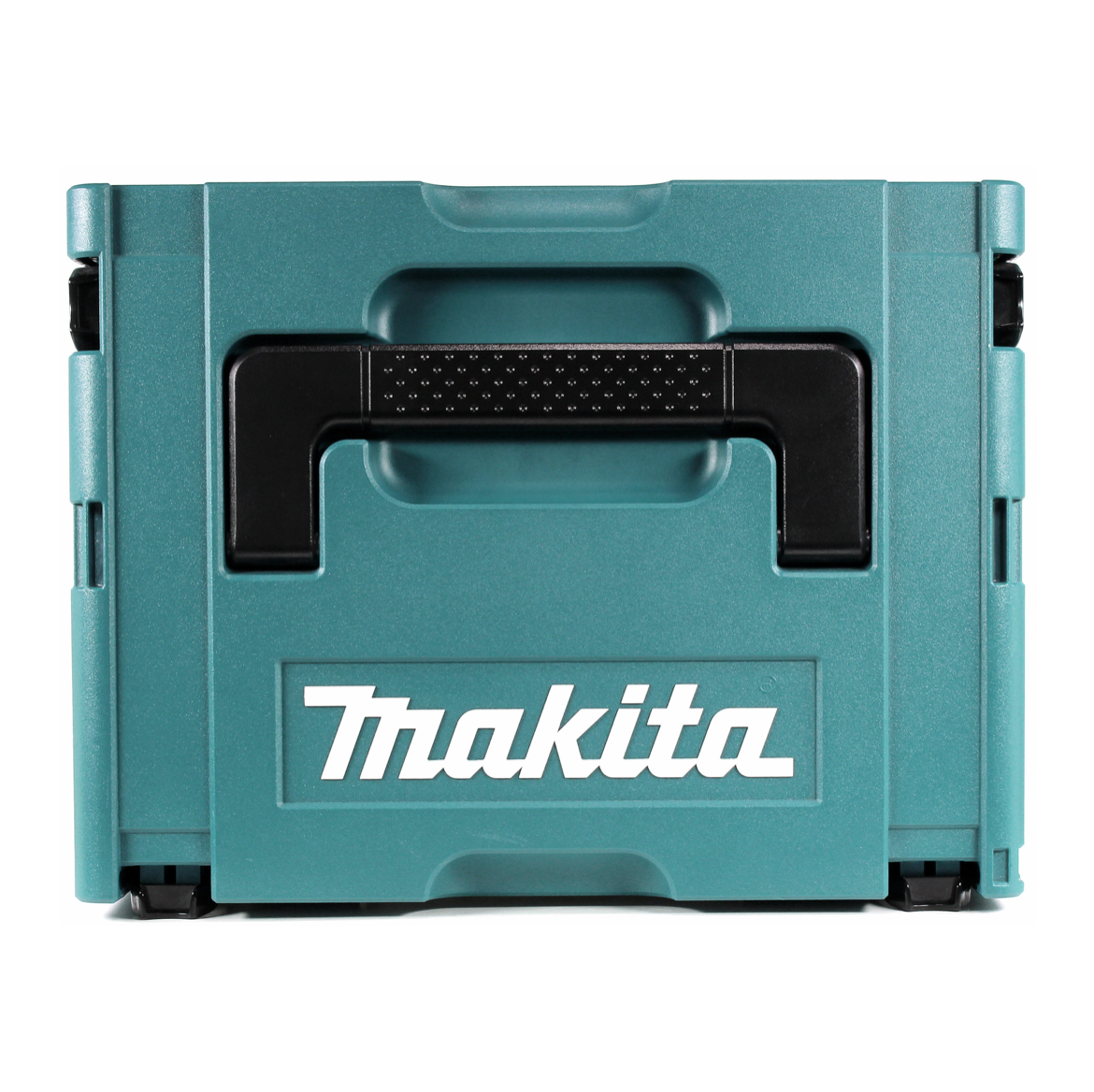 Eine türkisfarbene Makita-Werkzeugkiste mit schwarzem Griff und weißem Makita-Logo. Es befindet sich auf weißem Hintergrund.