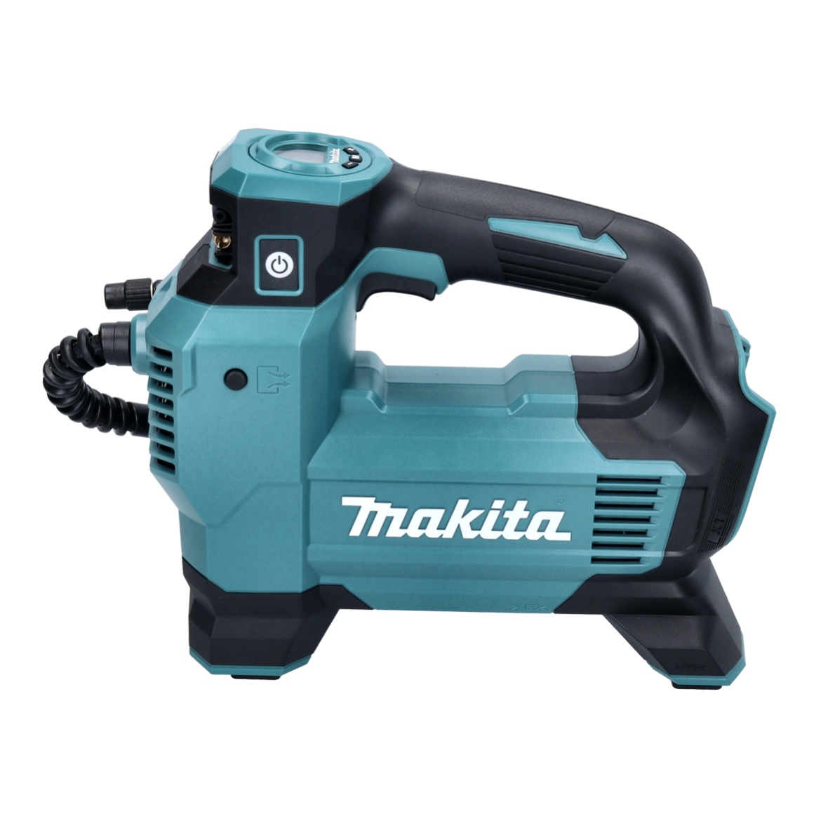 Ein türkis-schwarzer Makita Akku-Luftkompressor. Er hat einen Griff und ein Digitaldisplay. Das Makita-Logo ist sichtbar.