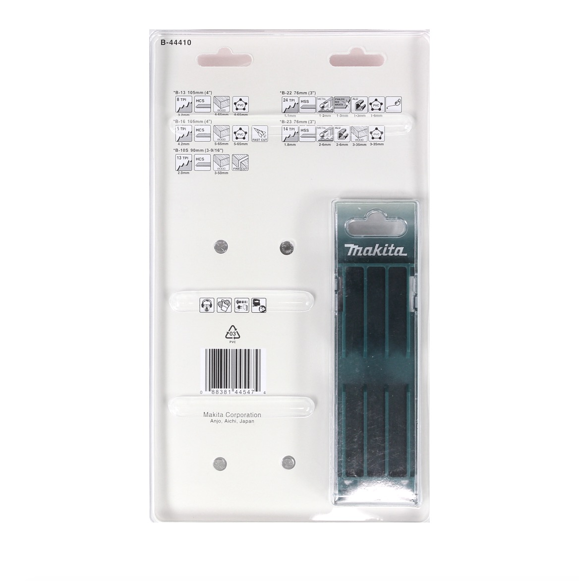 Eine Makita-Bohrerpackung. Die Packung enthält Bohrer mit Produktinformationen und Diagrammen auf der Rückseite sowie das Makita-Logo.