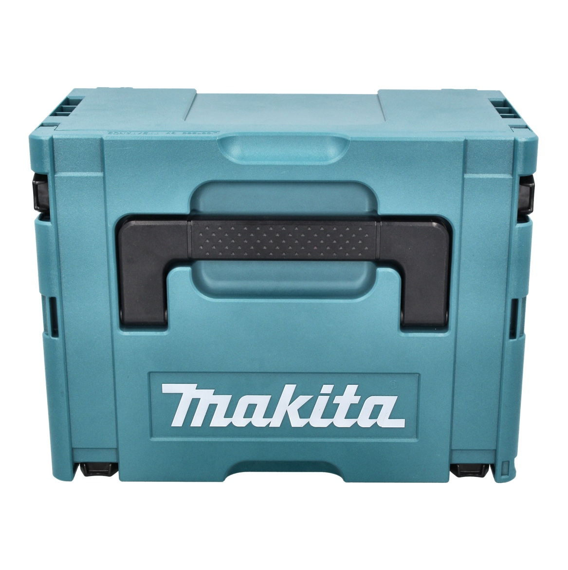 Eine türkisfarbene Makita-Werkzeugbox ist abgebildet. Sie hat einen schwarzen Griff und das Makita-Logo ist sichtbar. Der Hintergrund ist weiß.