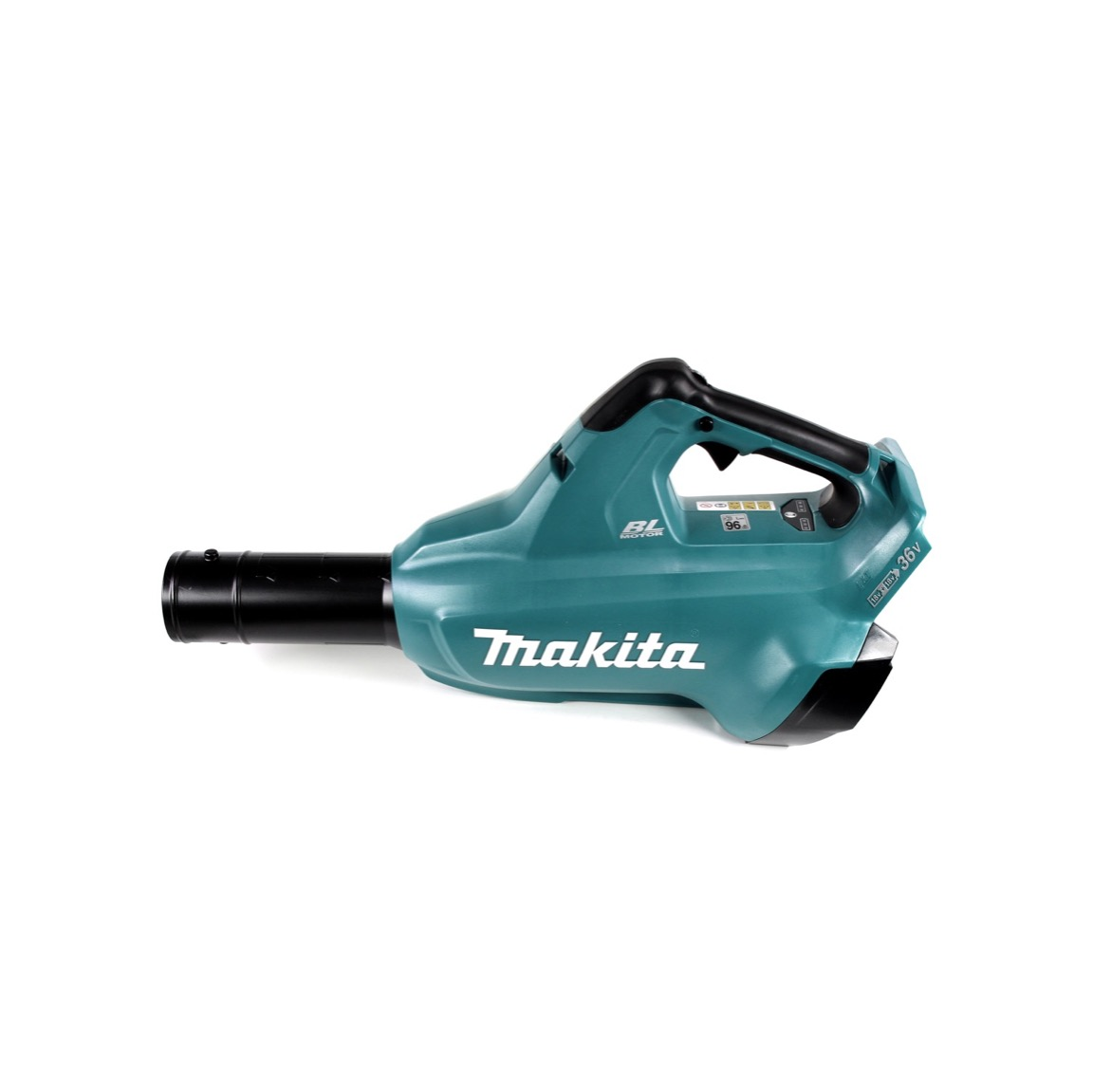 Ein tealfarbenes Makita-Laubgebläse mit schwarzer Düse und Griff, vor weißem Hintergrund.