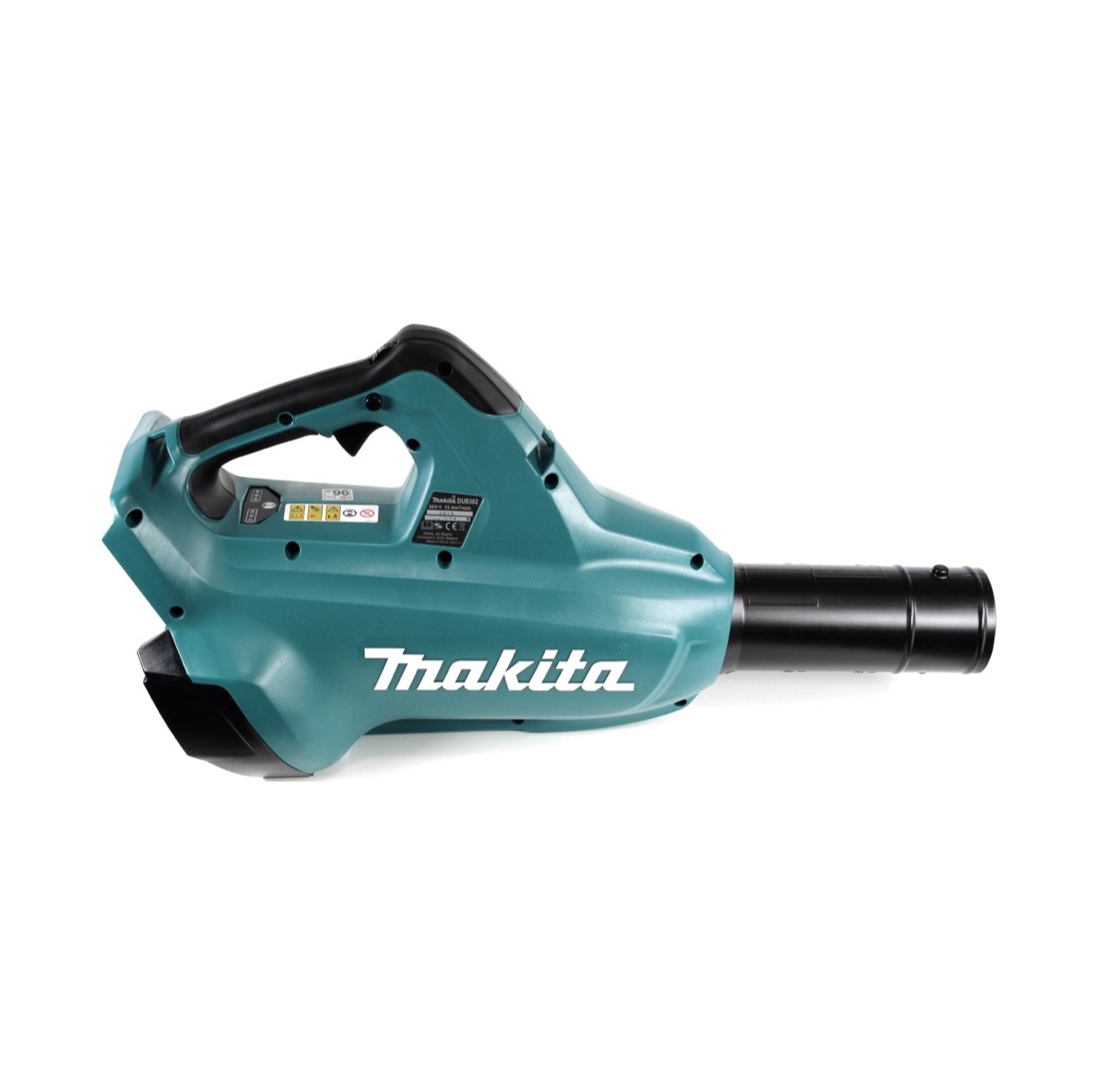 Ein türkisfarbener Makita-Laubbläser auf weißem Hintergrund. Er hat einen schwarzen Griff und eine Düse mit Makita-Logo.