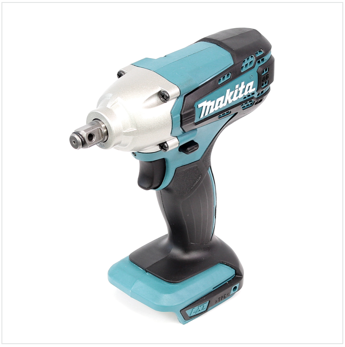 Ein Makita-Schlagschrauber wird gezeigt. Er ist teal, schwarz und silber. Das Werkzeug befindet sich auf weißem Hintergrund. Das Makita-Logo ist sichtbar.