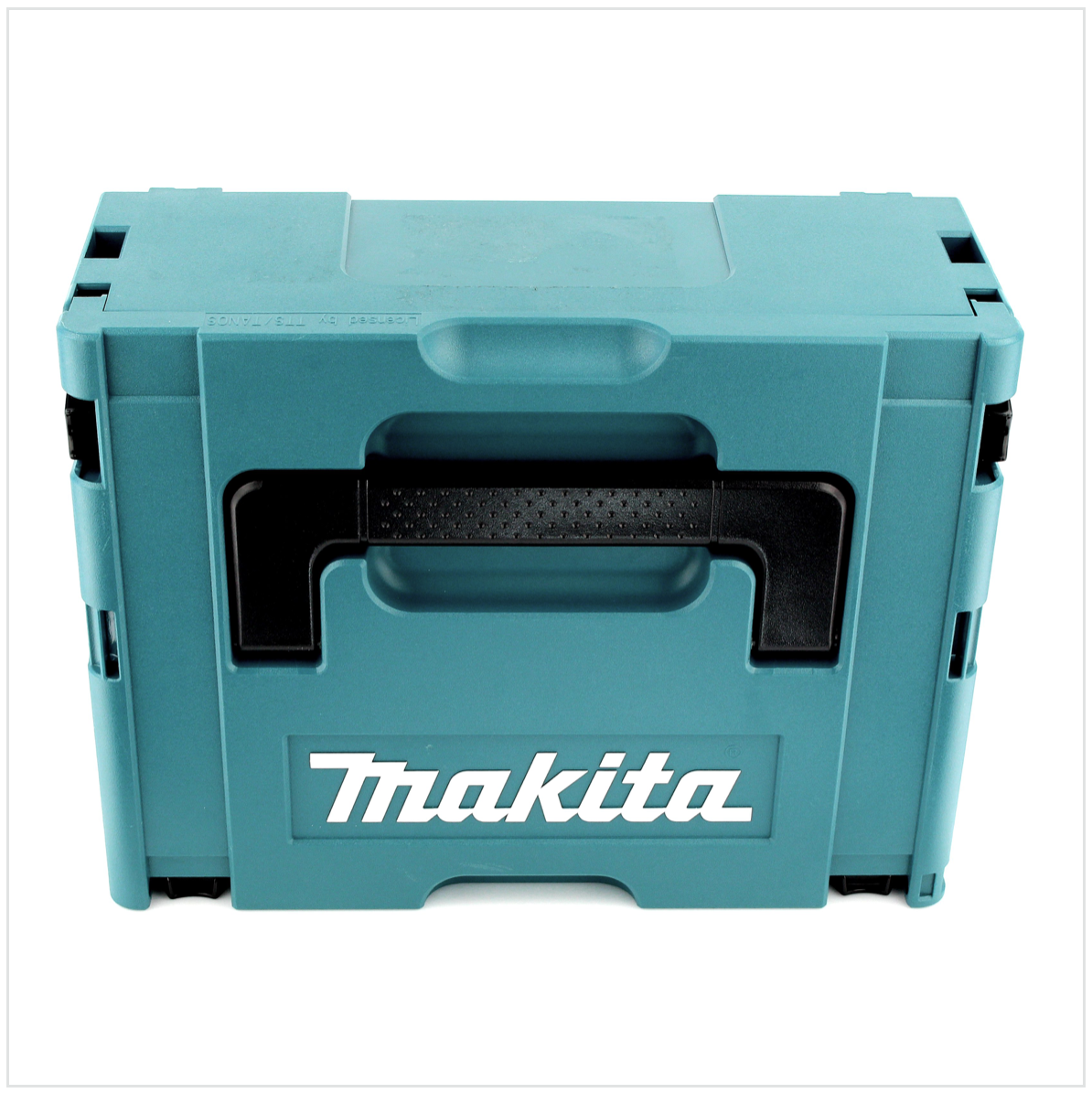 Eine türkisblaue Makita-Werkzeugbox mit schwarzem Griff. Das Makita-Logo ist weiß. Die Box steht auf weißem Hintergrund.