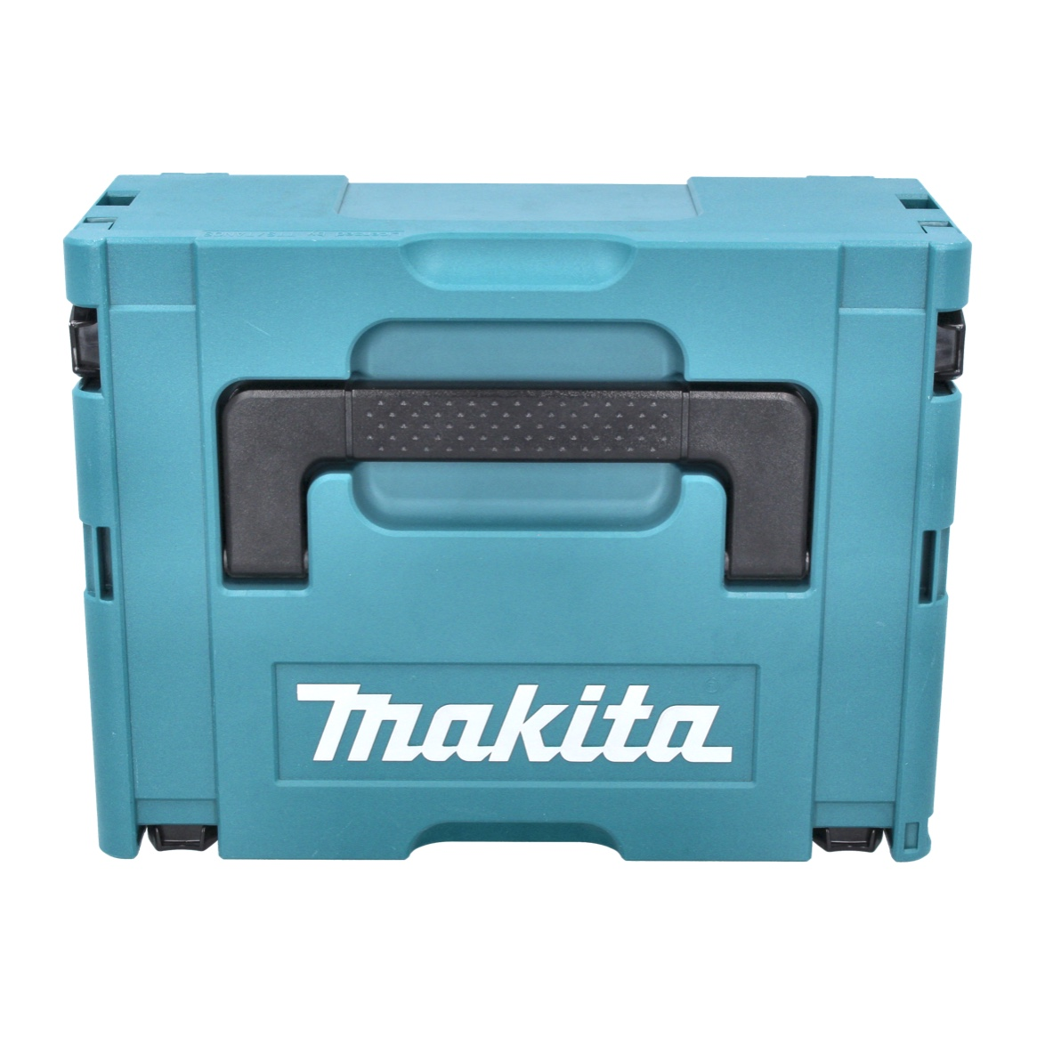 Eine türkisblaue Makita-Werkzeugkiste mit schwarzem Griff und weißem Markennamen. Sie ist geschlossen und hat eine rechteckige Form.
