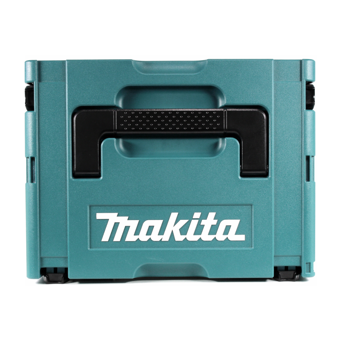 Eine türkisblaue Makita-Werkzeugkiste mit schwarzem Griff und Makita-Logo. Der Hintergrund ist weiß.