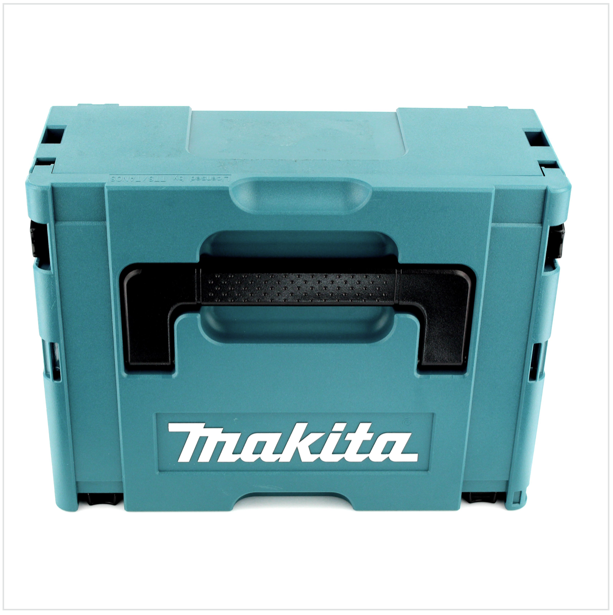 Eine türkisfarbene Makita-Werkzeugbox mit schwarzem Griff und weißem Makita-Logo. Es ist eine rechteckige Box mit geschlossenem Deckel.