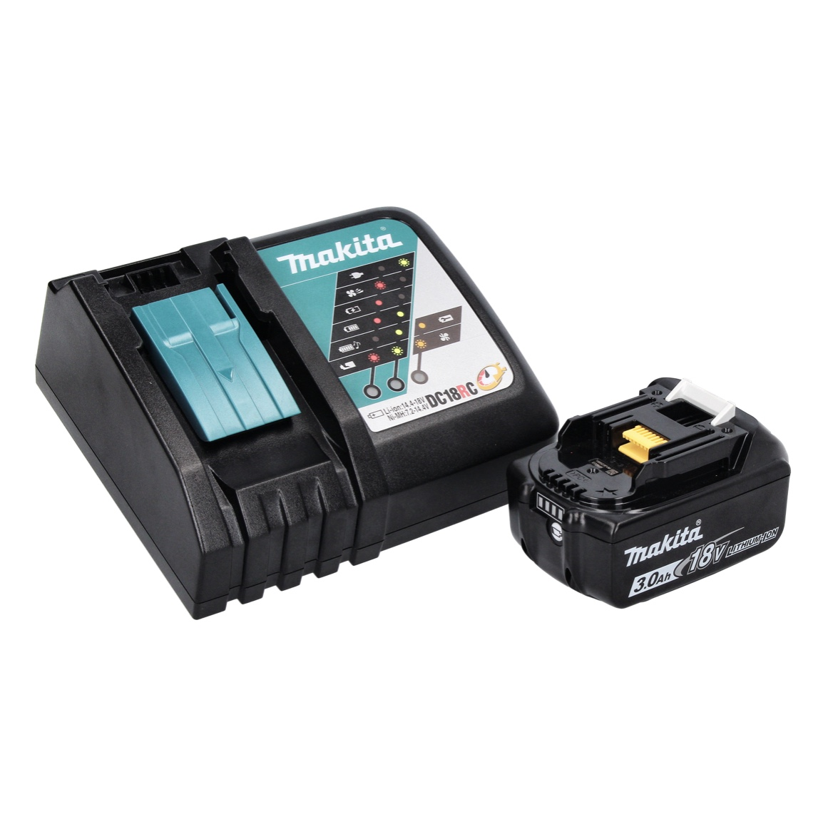 Makita-Akkuladegerät und -Akku. Das Ladegerät ist schwarz mit einem teal-farbenen Steckplatz, der Akku ist schwarz und mit 3,0 Ah 18 V beschriftet.