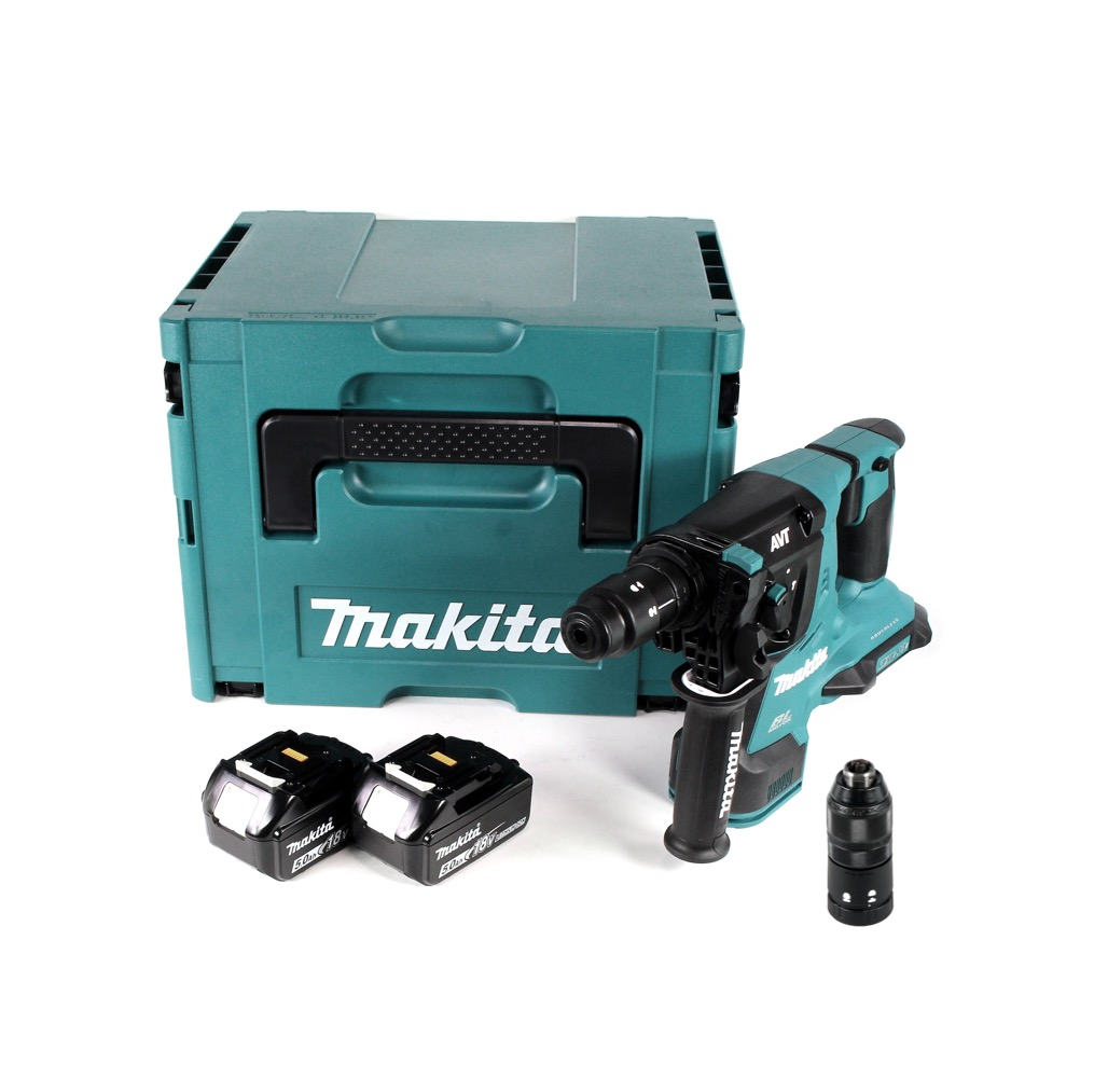 Ein Makita-Werkzeugsatz. Enthält einen türkisfarbenen Bohrer, Batterien, einen Bit und einen türkisfarbenen Aufbewahrungskoffer, alles auf weißem Hintergrund.