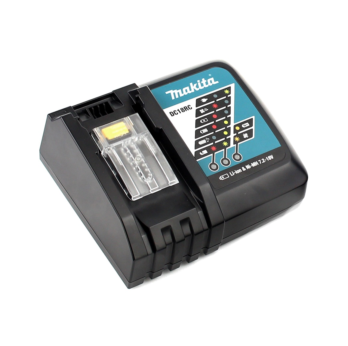 Schwarzes Makita DC18RC-Ladegerät auf weißem Hintergrund. Es hat ein blaues Etikett mit Symbolen und Text.