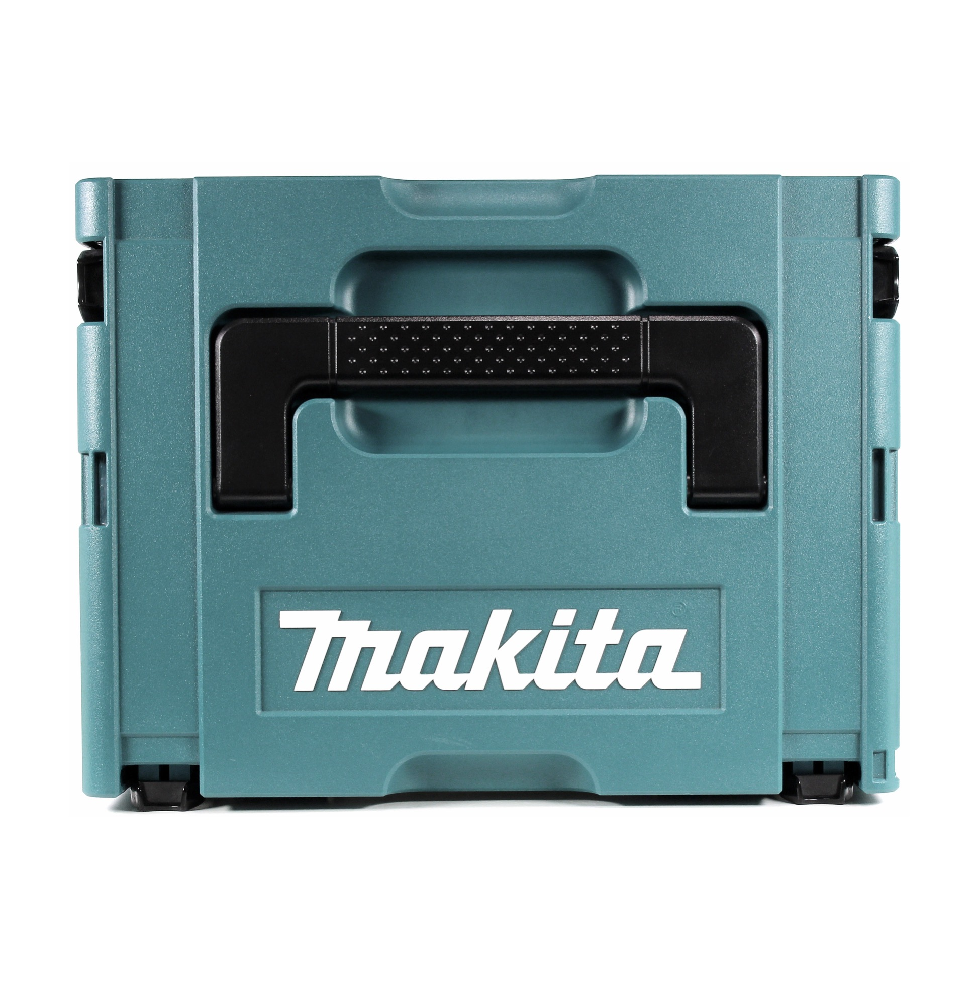Eine teal Makita Werkzeugkiste mit einem schwarzen Griff und dem Makita-Logo in Weiß. Es ist auf weißem Hintergrund.