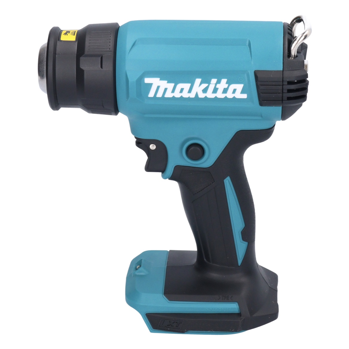Eine türkisfarbene und schwarze Makita Heißluftpistole. Sie hat eine schwarze Düse, einen Auslöser und ein Batteriefach. Das Makita-Logo ist sichtbar.