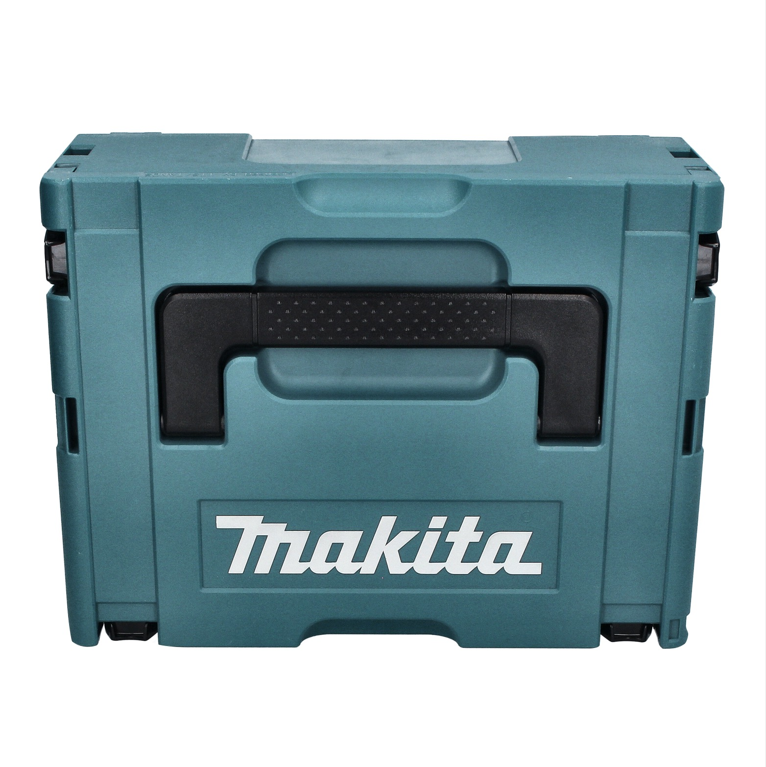 Eine türkisfarbene Makita-Werkzeugbox mit schwarzem Griff und Makita-Logo. Die Box steht auf weißem Hintergrund.