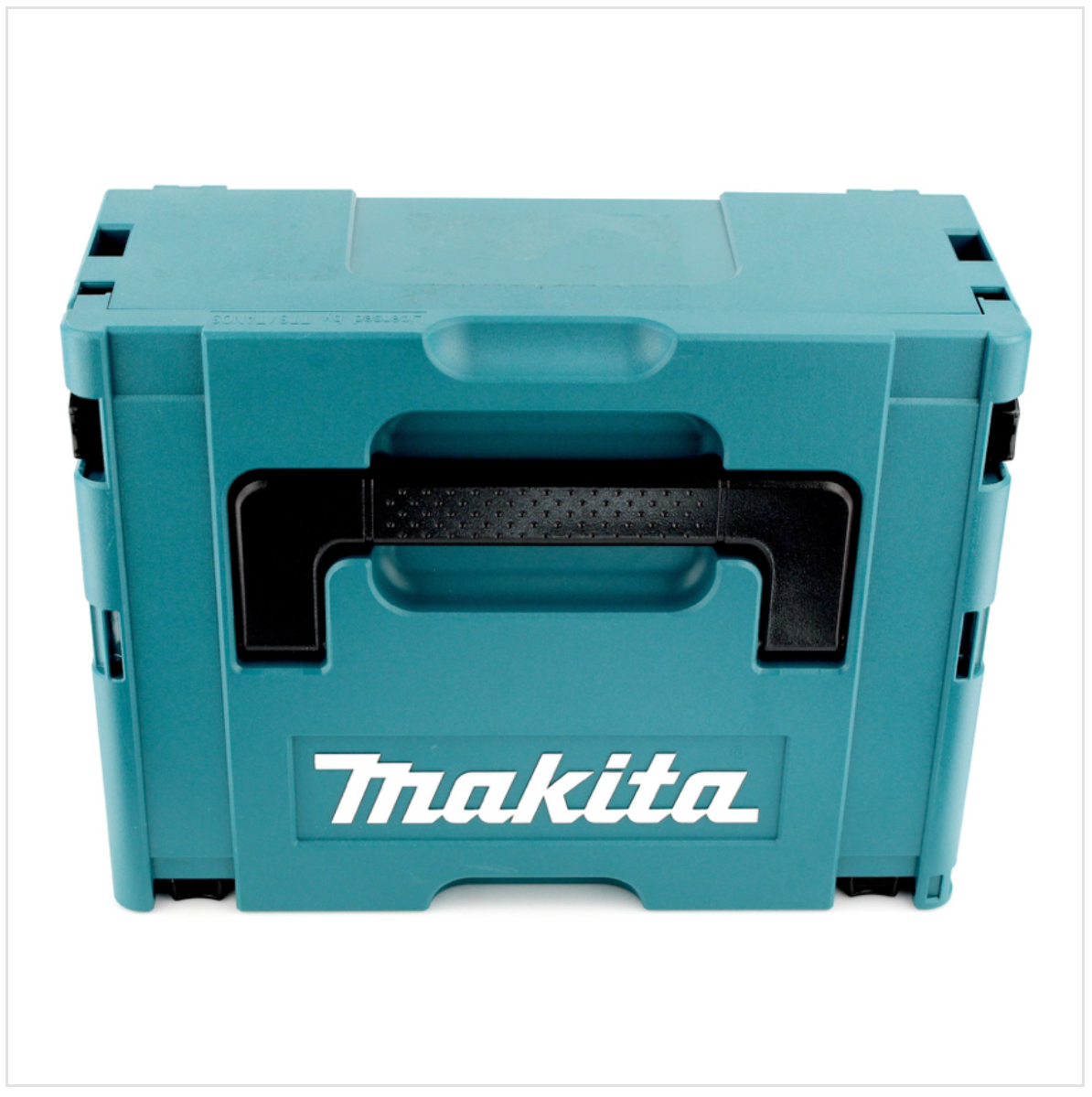 Eine türkisfarbene Makita-Werkzeugbox mit schwarzem Griff. Das Makita-Logo ist weiß. Die Box befindet sich auf weißem Hintergrund.