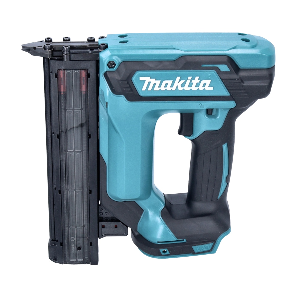 Eine türkisfarbene Makita-Nagelpistole auf weißem Hintergrund. Sie hat einen schwarzen Griff und ein Magazin für Nägel.