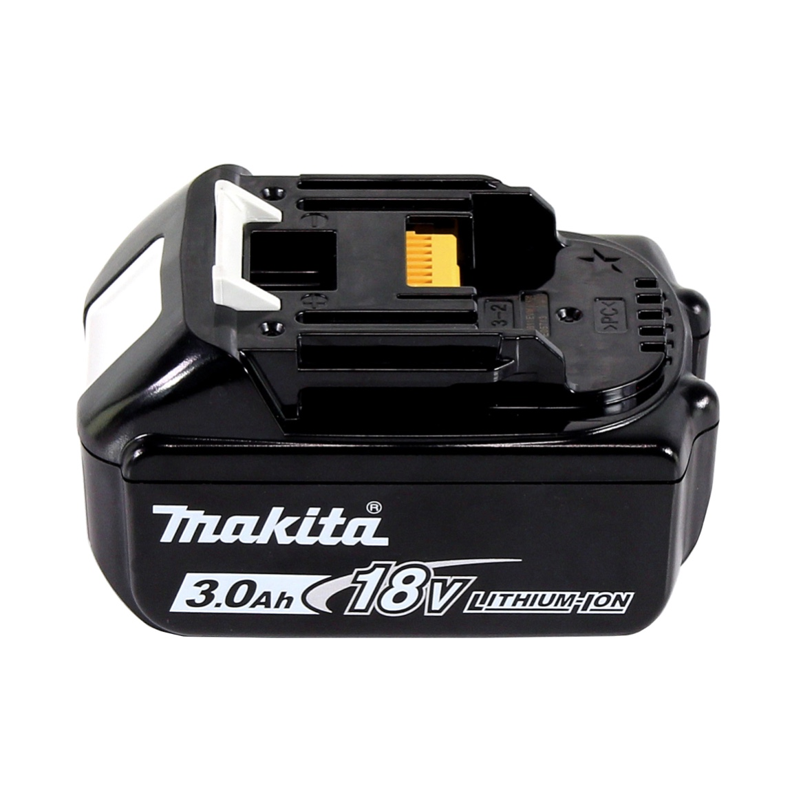 Schwarzer Makita 18V Lithium-Ionen-Akku. Verfügt über ein Schwarz-Weiß-Design. Der Akku hat ein weißes Makita-Logo und ein 3.0Ah-Etikett.