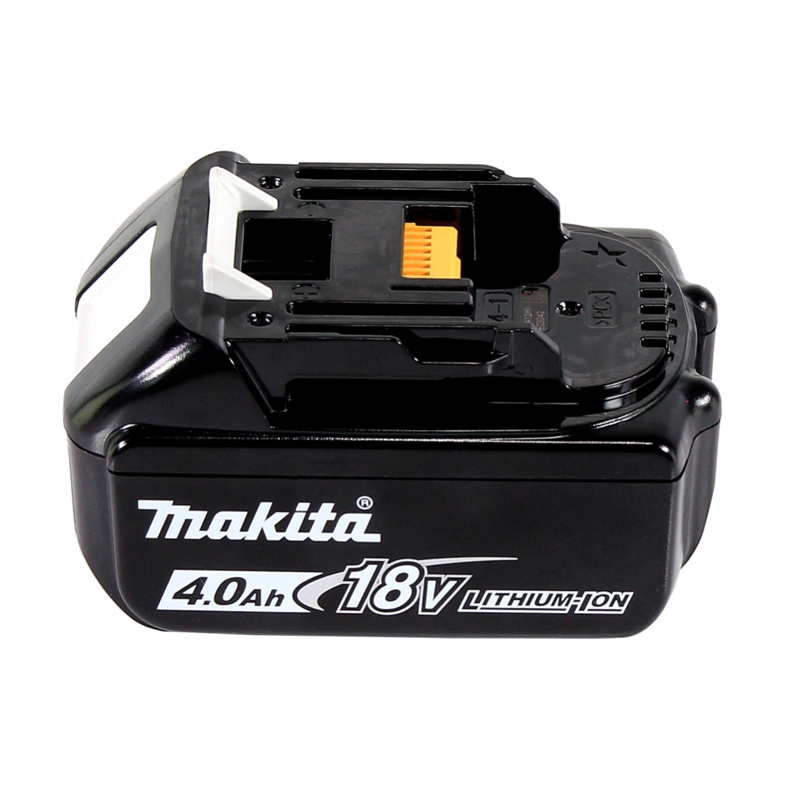 Ein schwarzer Makita 18V Lithium-Ionen-Akkupack, 4,0 Ah. Mit weißen und gelben Akzenten. Der Akku befindet sich auf weißem Hintergrund.