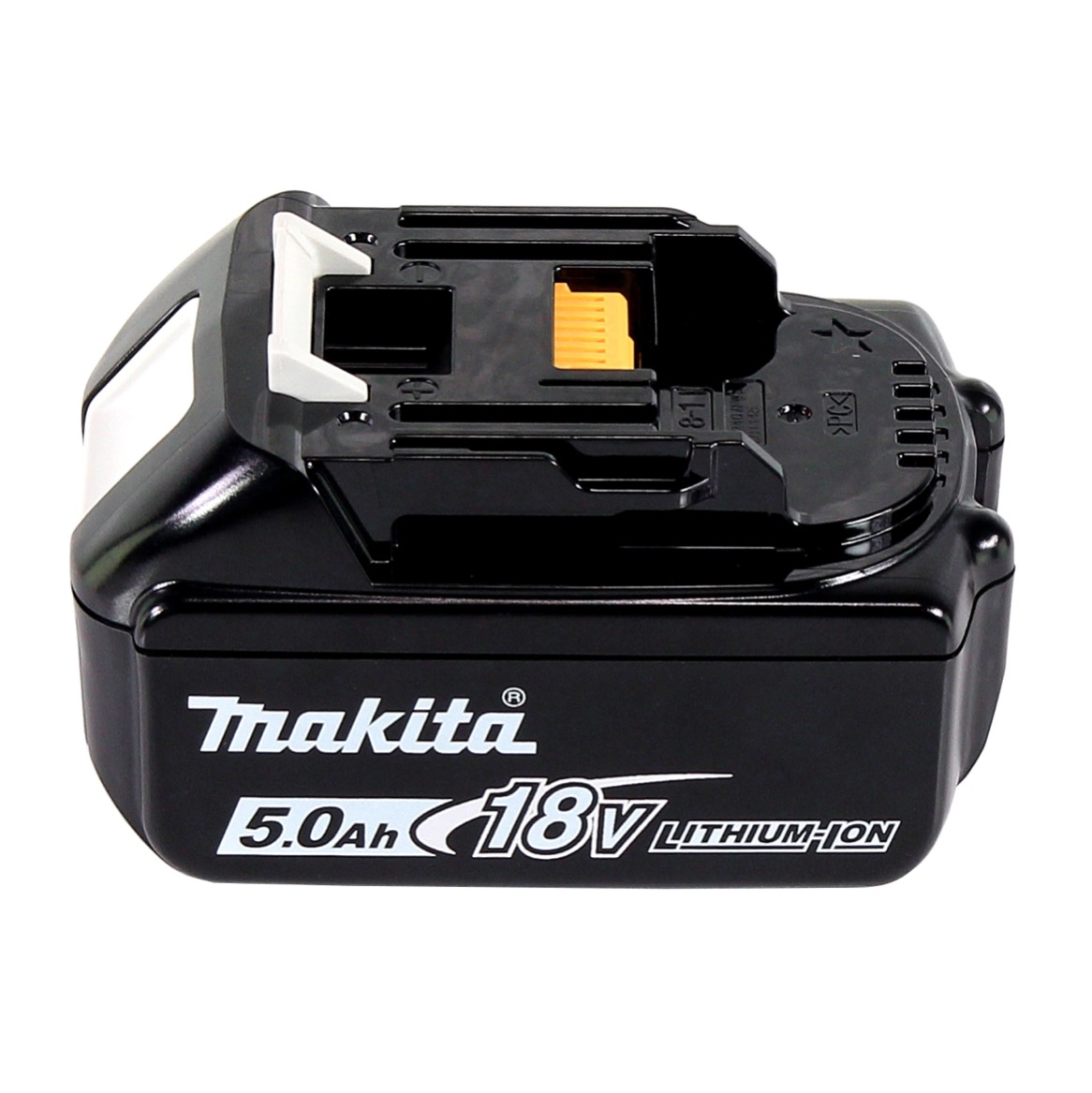 Ein schwarzer Makita 18V Lithium-Ionen-Akku mit 5,0 Ah Kapazität. Merkmale: schwarze Oberseite mit gelben und weißen Akzenten. Weißer Hintergrund.