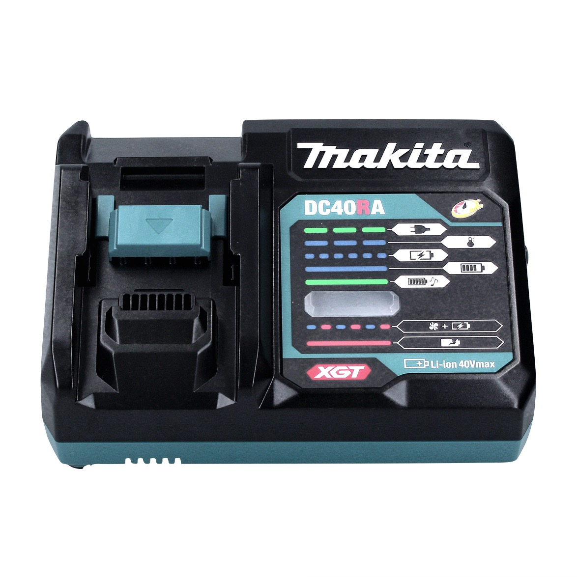 Makita DC40RA Batterieladegerät. Schwarz und Blaugrün. Mit Kontrollleuchten und einem Ladeanschluss.