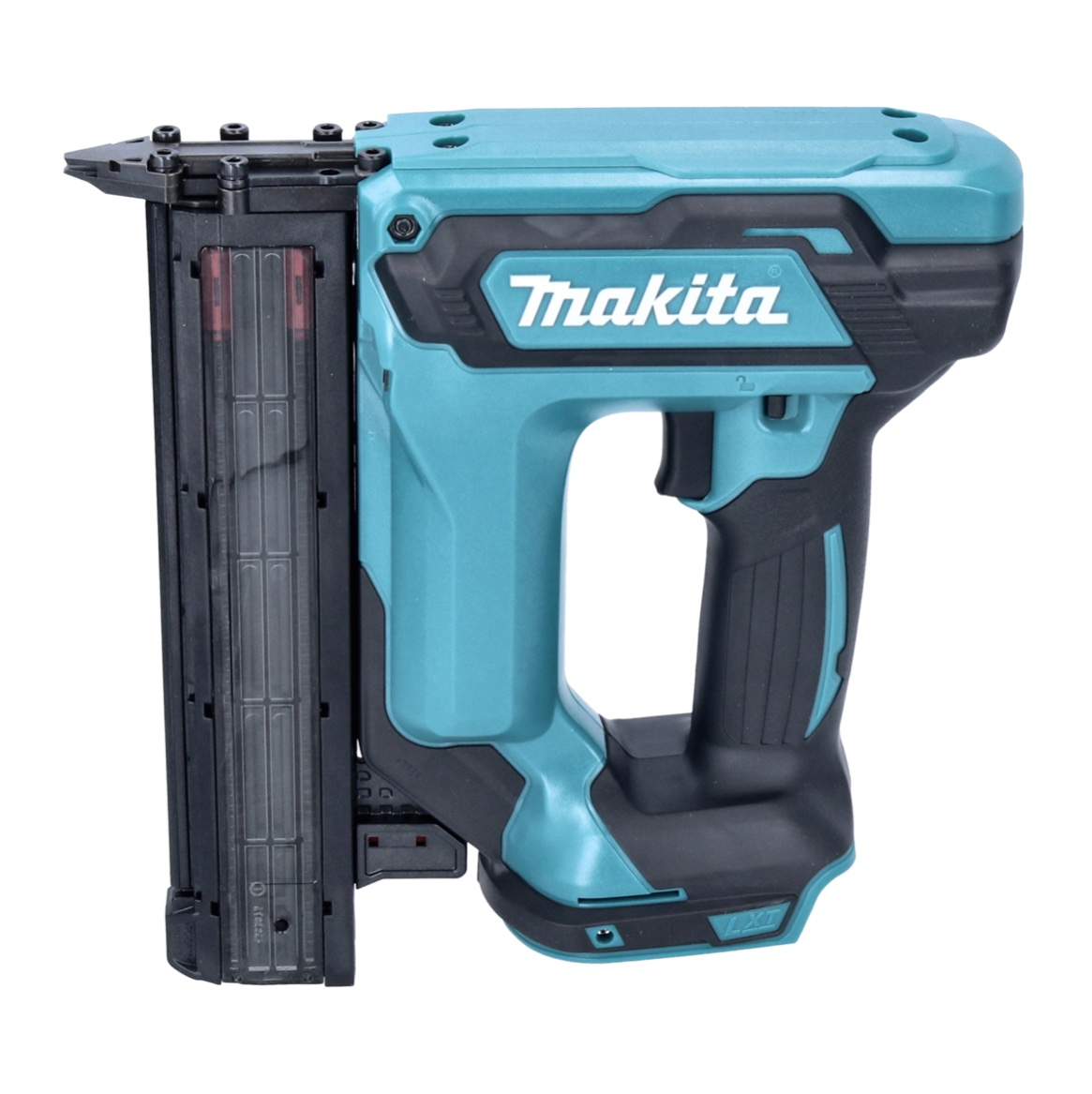 Eine türkis-schwarze Makita-Nagelpistole. Sie hat den Markennamen in Weiß und ein schwarzes Magazin für Nägel auf der linken Seite.