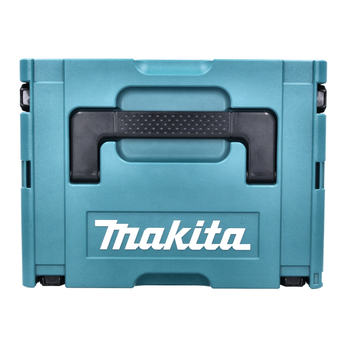 Eine teal Makita Werkzeugkiste mit schwarzem Griff und dem Makita-Logo in Weiß. Die Kiste ist rechteckig.