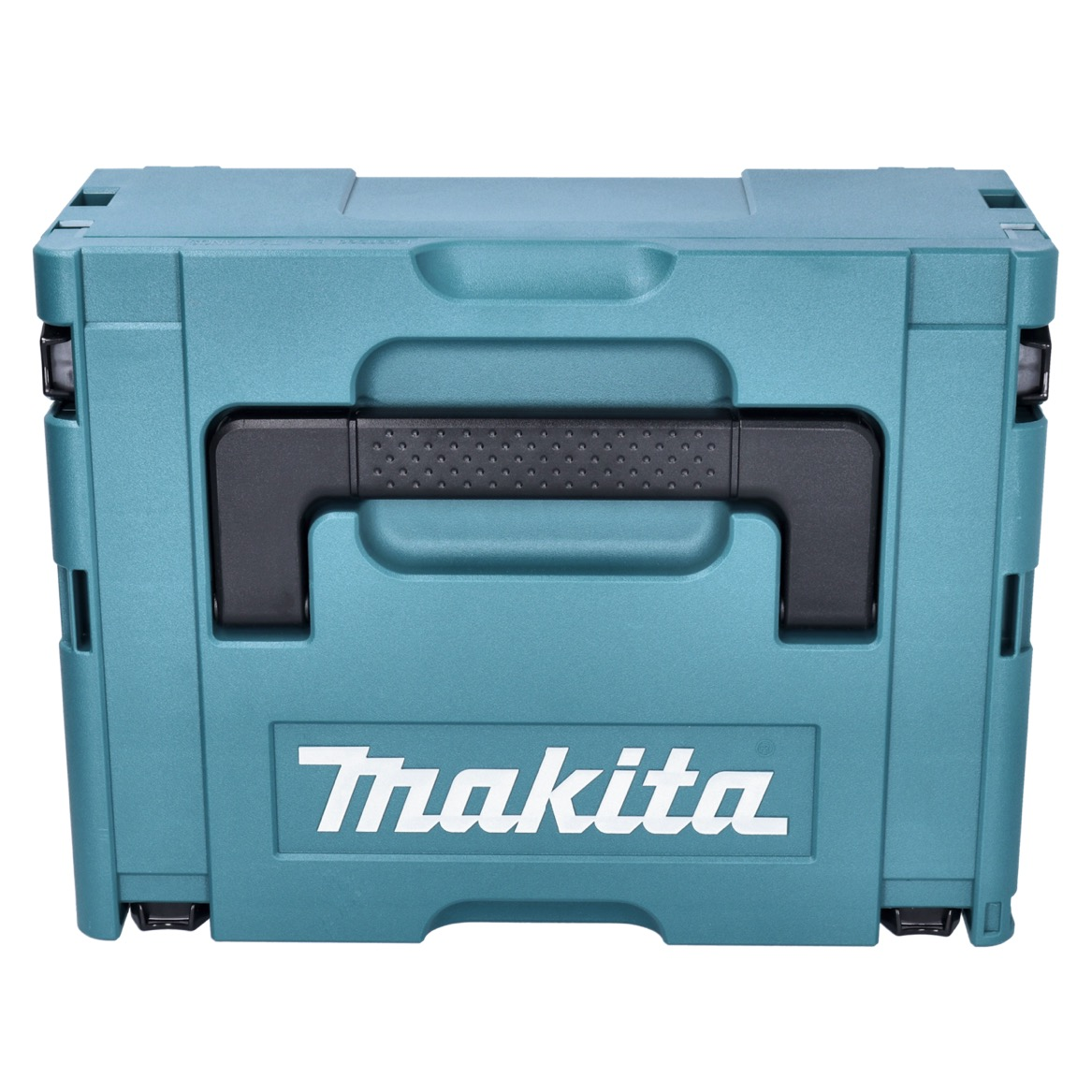 Eine türkisfarbene Makita-Werkzeugkiste mit schwarzem Griff, der Markenname steht in Weiß auf der Vorderseite.