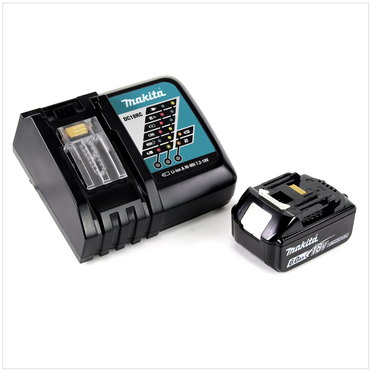 Schwarzes Makita-Ladegerät und -Akku. Das Ladegerät hat Kontrollleuchten, der Akku ist mit 6.0Ah 18V beschriftet. Beide auf weißem Hintergrund.