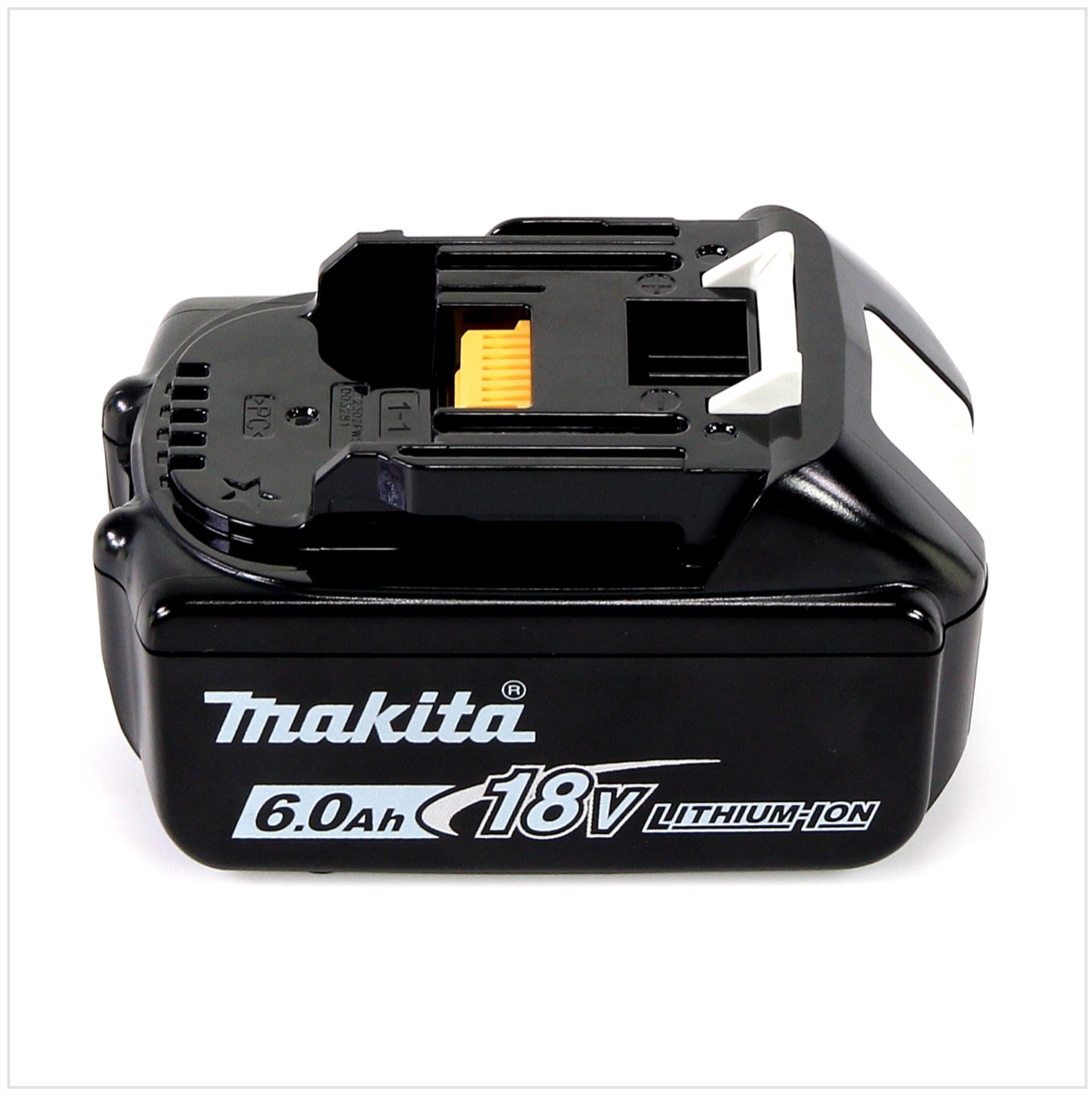 Schwarzer Makita 18V Lithium-Ionen-Akku. Er hat ein schwarzes Gehäuse, eine Oberseite mit Anschlüssen und das Makita-Logo mit 6,0 Ah.