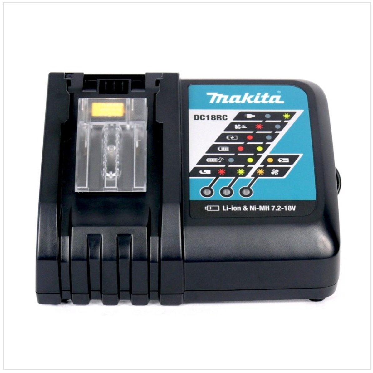 Schwarzes Makita DC18RC Ladegerät. Merkmale: Ladeanzeige und transparenter Batterieschacht. Türkis- und Schwarz-Farbschema.