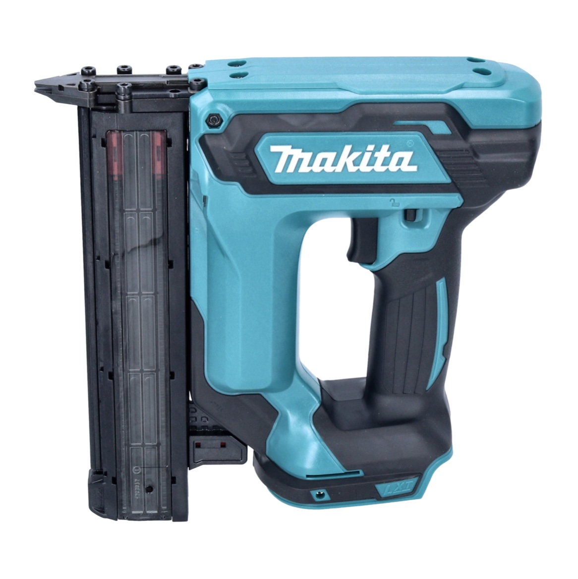Eine türkisblaue Makita-Nagelpistole mit schwarzem Griff und Magazin. Das Makita-Logo ist sichtbar.