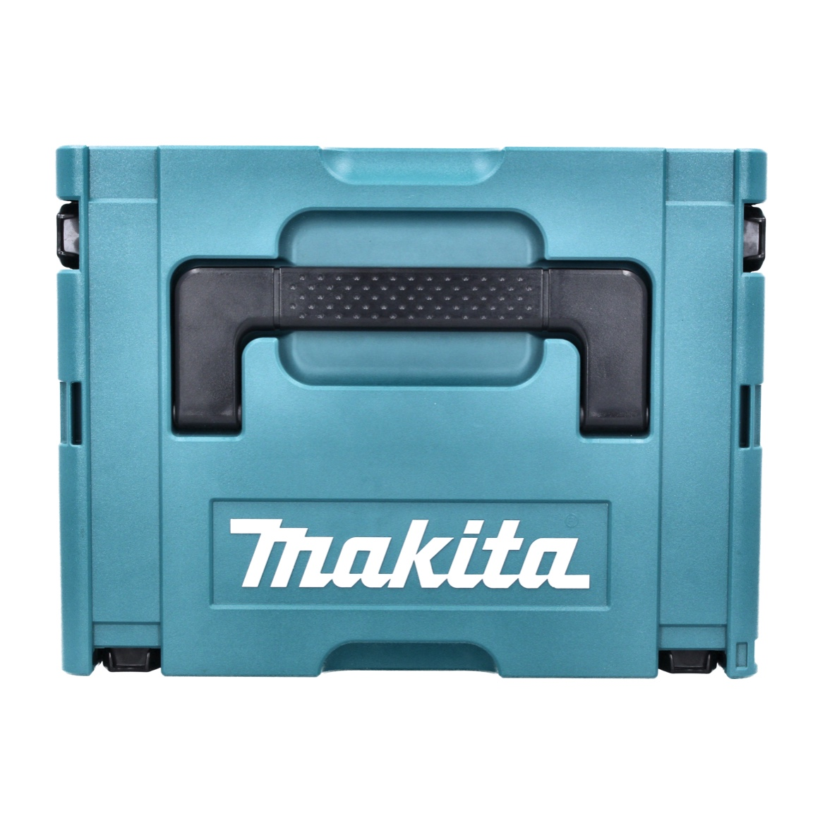 Eine türkisfarbene Makita-Werkzeugkiste mit schwarzem Griff und weißem Makita-Logo. Sie ist geschlossen und einsatzbereit.