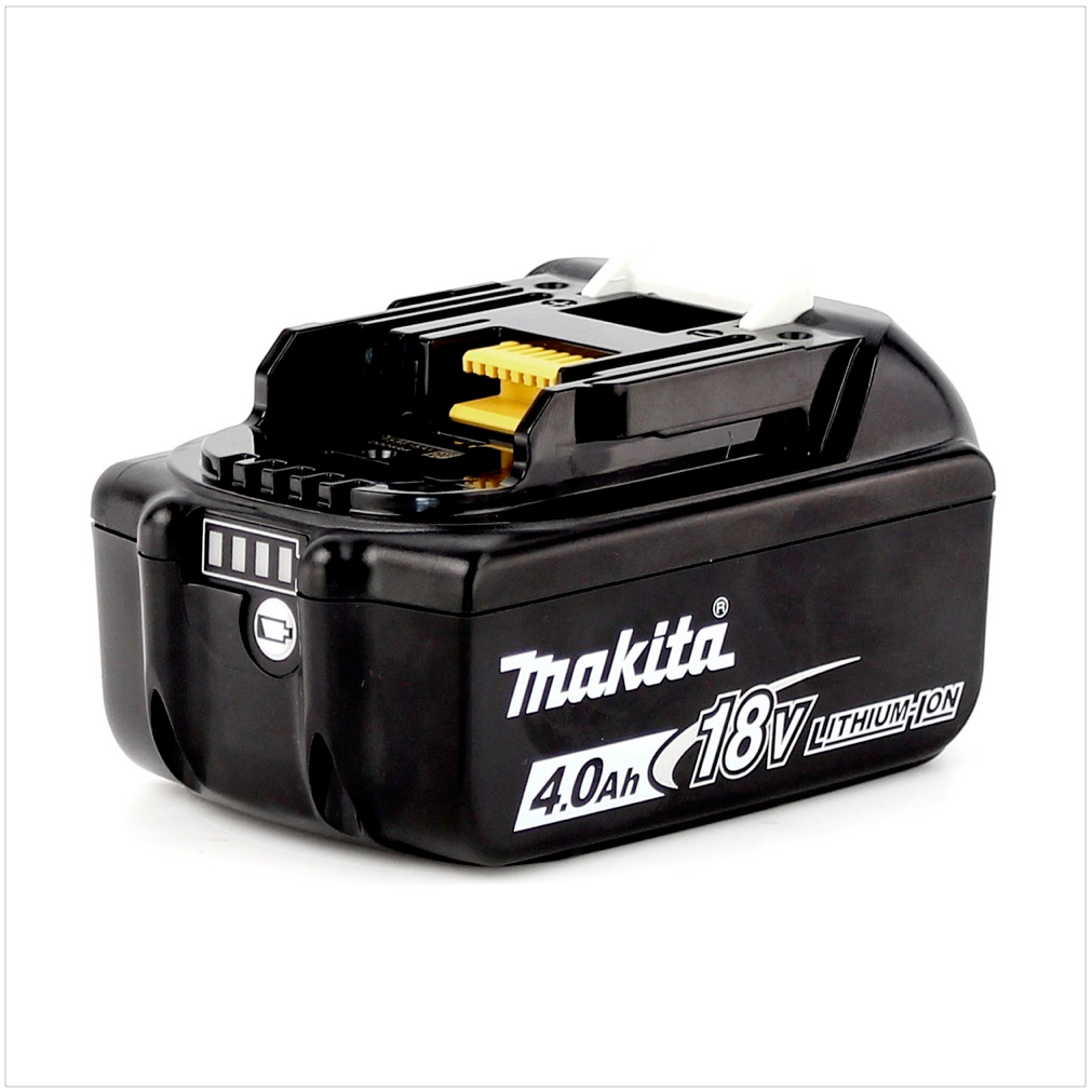 Schwarzer Makita 18V 4,0Ah Li-Ionen-Akku. Er hat einen gelben Stecker, weiße Akzente und das Makita-Logo. Der Hintergrund ist weiß.