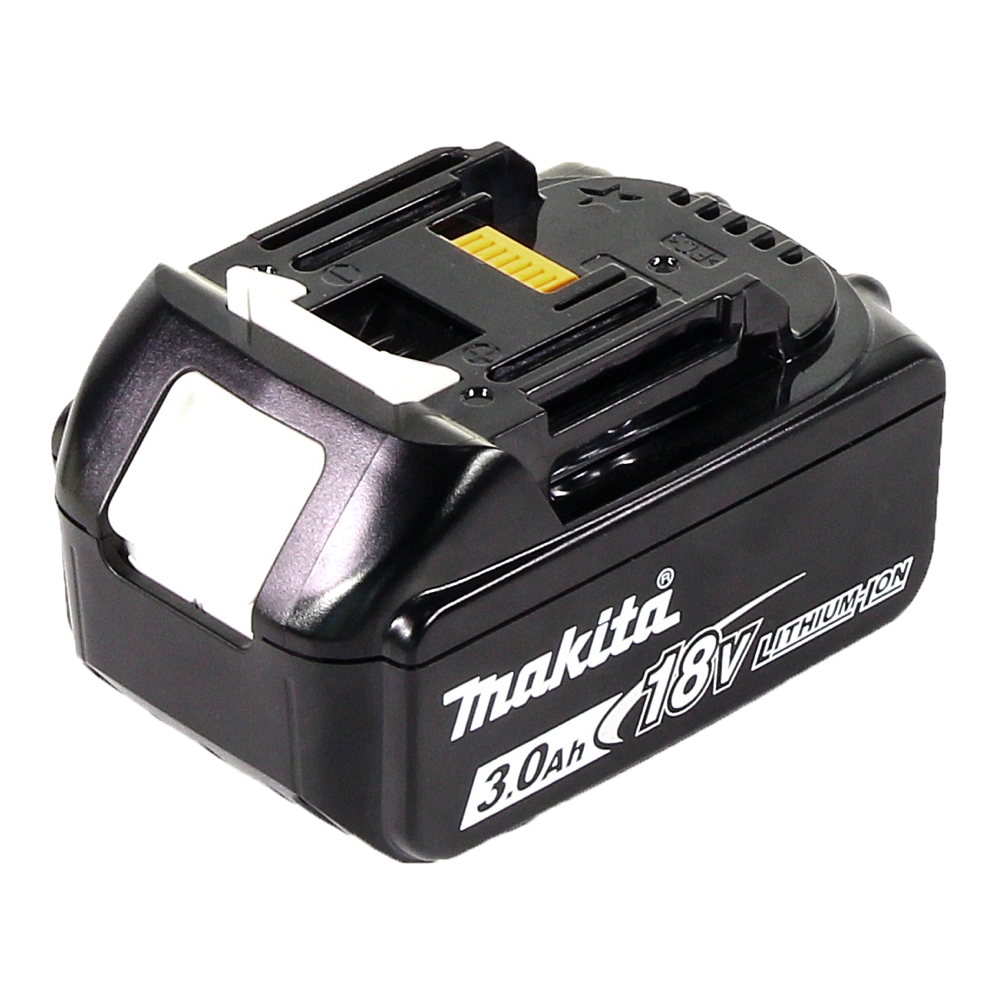 Ein schwarzer Makita 18V Lithium-Ionen-Akku. Der Akku hat weißen Text mit 3,0 Ah und das Makita-Logo auf der Seite. Oben befindet sich ein gelbes Stück.