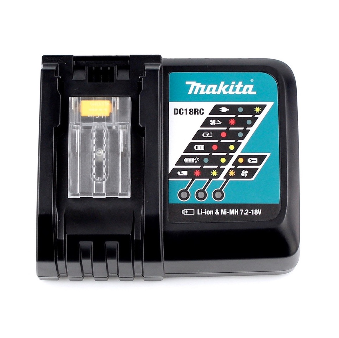 Schwarzes Makita DC18RC-Batterieladegerät. Verfügt über einen transparenten Ladeschacht, ein türkis-schwarzes Display und das Makita-Logo.