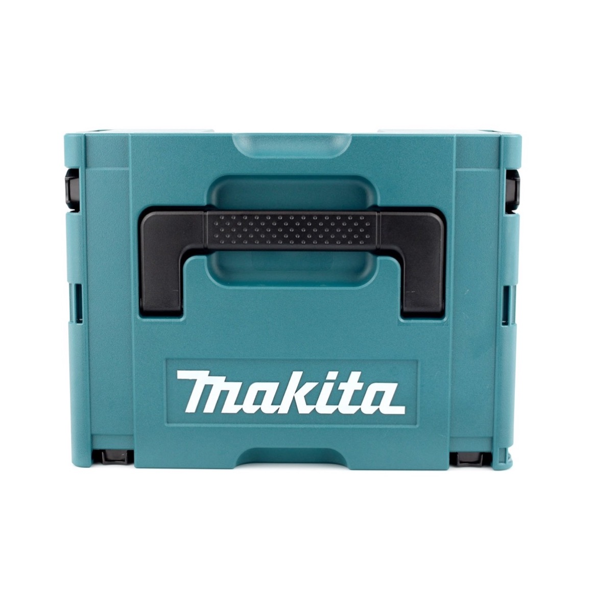 Eine türkisfarbene Makita-Klappbox mit schwarzem Griff und dem weißen Makita-Logo auf der Vorderseite.
