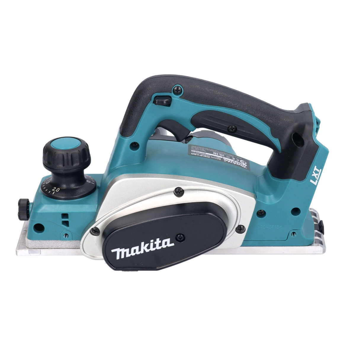Eine elektrische Makita-Hobelmaschine. Sie ist türkis, schwarz und silber. Hat einen Griff und eine Klinge. Makita-Logo sichtbar.