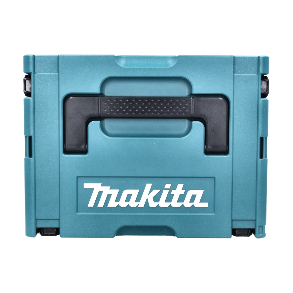 Eine türkisfarbene Makita-Werkzeugkiste mit schwarzem Griff. Das Logo ist weiß und zentriert. Die Box ist geschlossen und auf weißem Hintergrund.