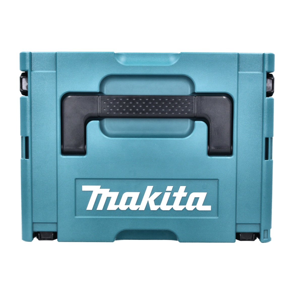 Eine türkisfarbene Makita-Werkzeugkiste mit schwarzem Griff und dem Makita-Logo. Der Hintergrund ist weiß.