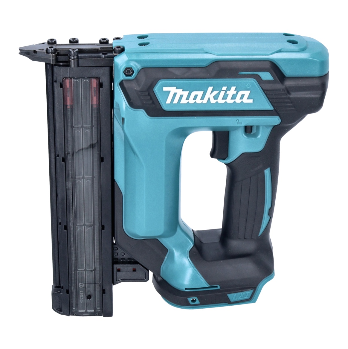 Makita teal und schwarz Akku-Nagelgerät. Merkmale ein schwarzes Magazin, Griff und Auslöser. Weißes Makita-Logo vorhanden.