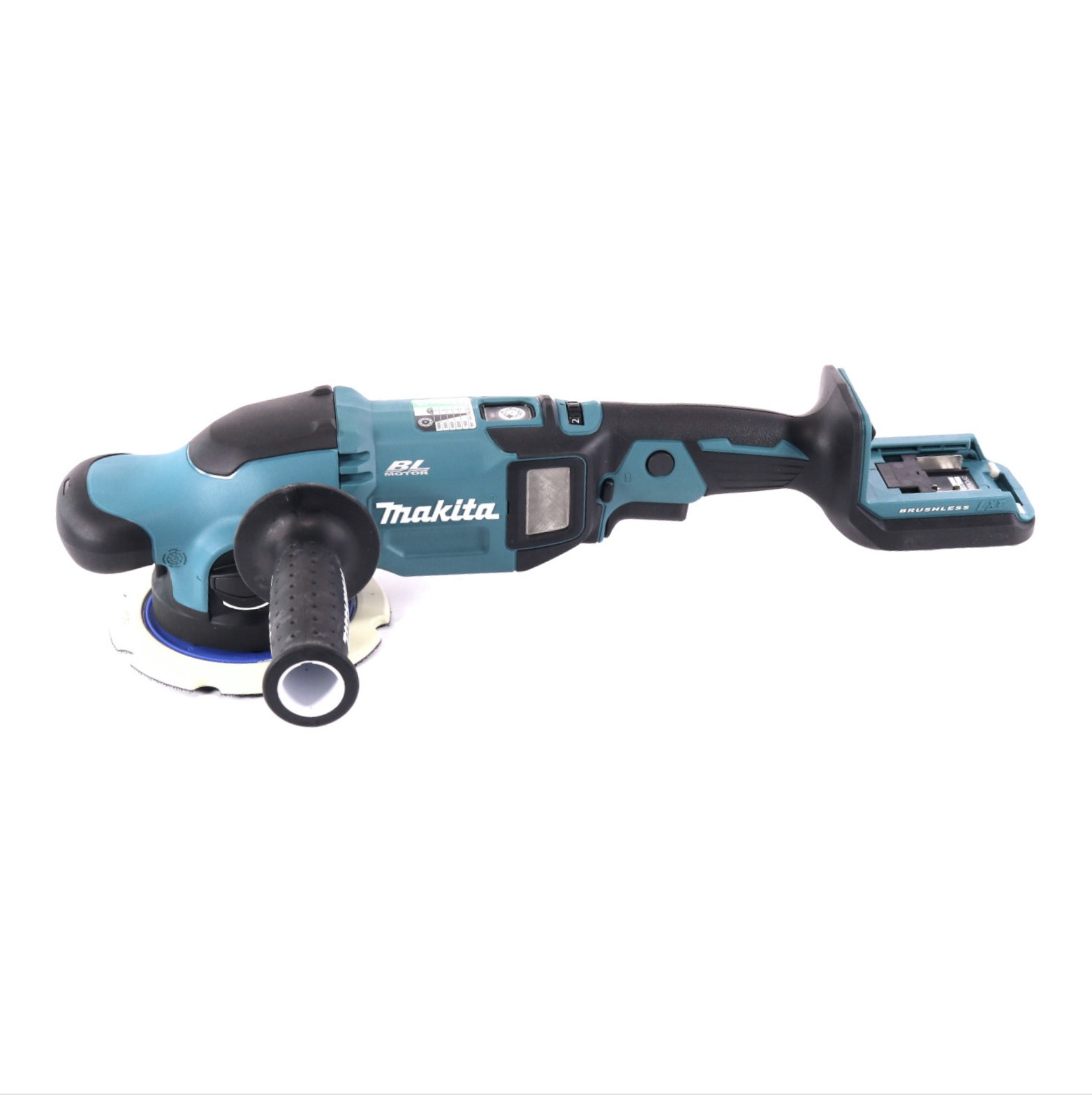 Eine Makita-Poliermaschine, teal und schwarz, auf weißem Hintergrund. Sie hat eine Scheibe und zwei Griffe.