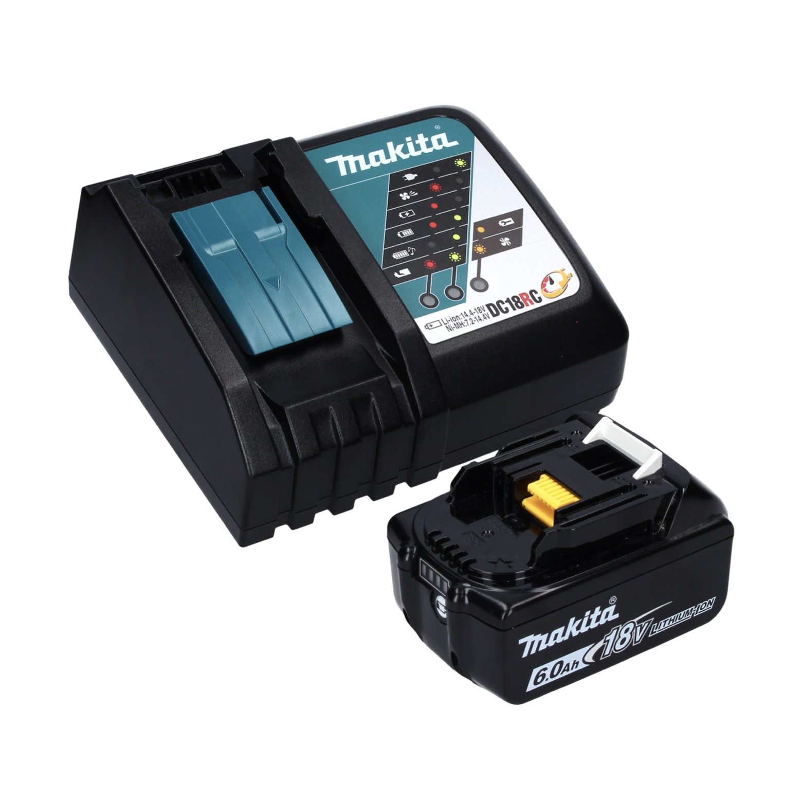 Ein schwarzes Makita-Batterieladegerät und eine 18V-Batterie. Das Ladegerät hat türkisfarbene Akzente, die Batterie gelbe und weiße Details.