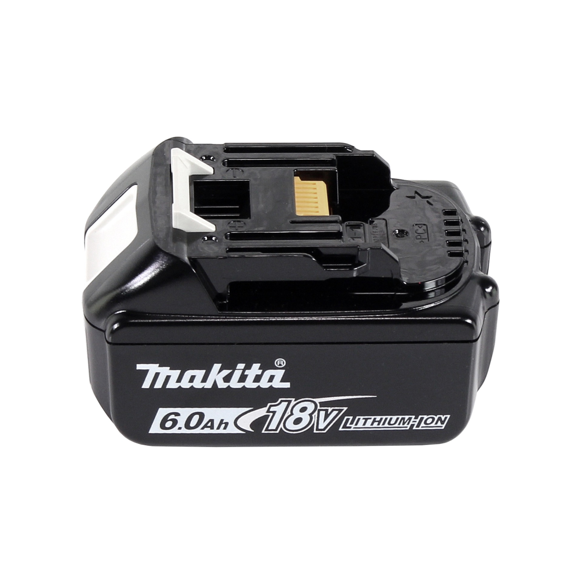 Schwarzer Makita 18V 6,0Ah Lithium-Ionen-Akku. Mit weißen Akzenten und gelben Kontakten. Der Hintergrund ist schlicht weiß.